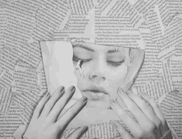 a black and white drawing of a woman 's face is surrounded by newspaper clippings