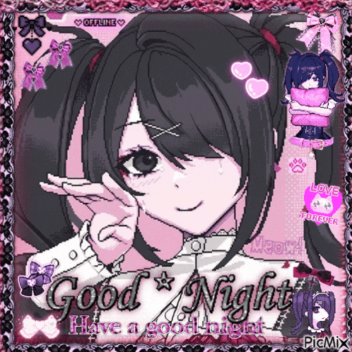 a pixel art of a girl with the words good night on it