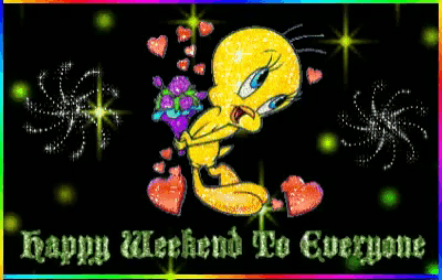 a tweety bird holding a bouquet of flowers with the words happy weekend to everyone below it