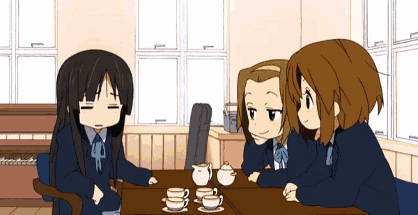 three anime girls are sitting at a table with cups and saucers