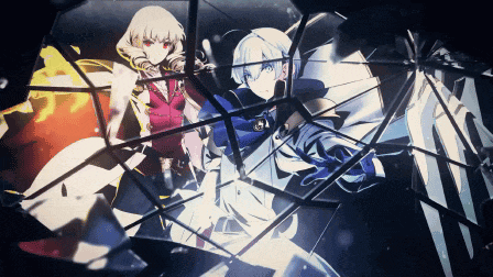 a couple of anime characters standing next to each other in a broken mirror