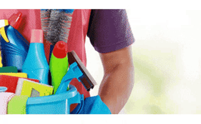 a person is holding a bucket of cleaning supplies