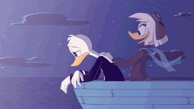 a cartoon of donald duck and daisy duck in a boat on the water