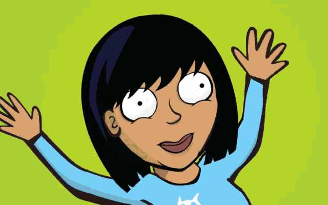 a cartoon of a girl with black hair and a cat on her shirt