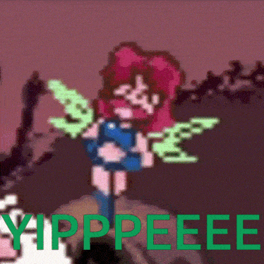 a pixel art of a fairy with the words yipppeee in green