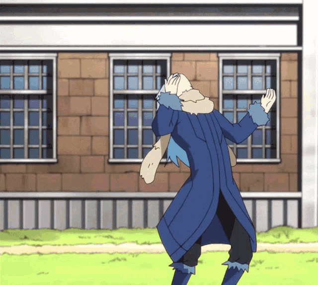 a cartoon character in a blue coat is dancing in front of a building