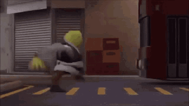 shrek is walking across a crosswalk in front of a bus .