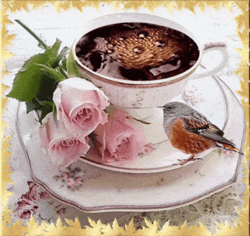 a cup of coffee with pink roses and a bird