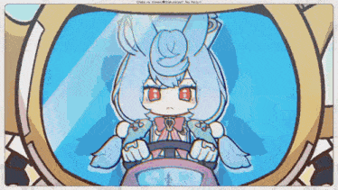 a cartoon drawing of a girl with red eyes driving a vehicle