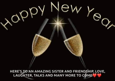 a happy new year card with two glasses of champagne and a star