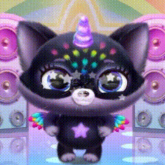 a black cat with a unicorn horn and wings is standing in front of a bunch of speakers .
