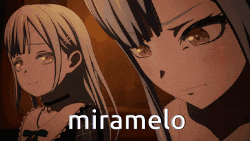 two anime girls are standing next to each other with miramelo written in white