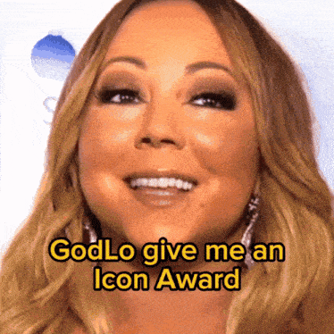 a close up of a woman 's face with the words god lo give me an icon award below her