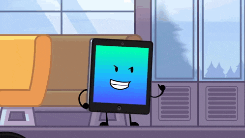 a cartoon drawing of a tablet with a face and arms and legs