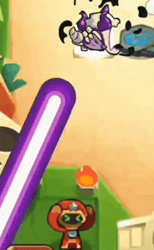a cartoon character is holding a purple light saber in a game .