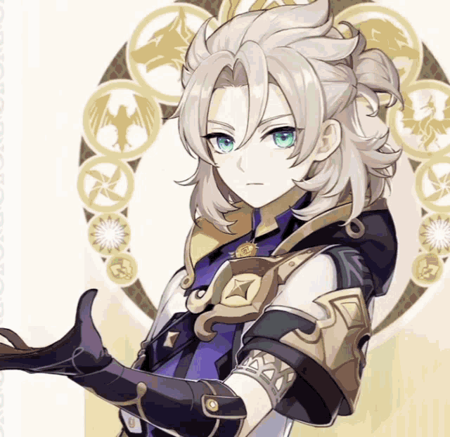 a boy with white hair and blue eyes is standing in front of a white background