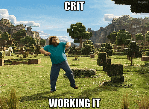 a man in a blue shirt is dancing in a field with the words crit working it below him