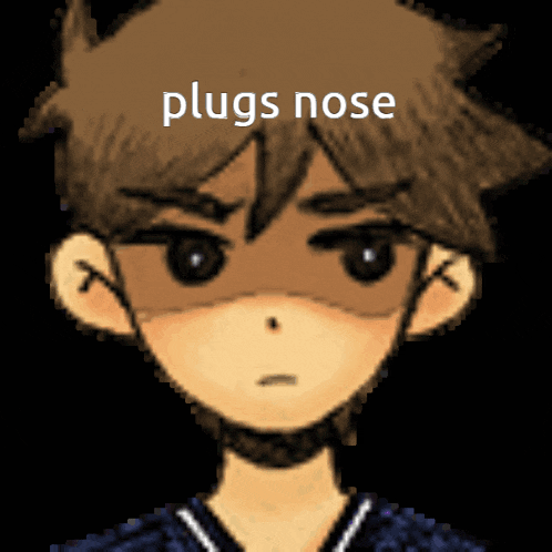 a close up of a person 's face with the word plugs nose above it
