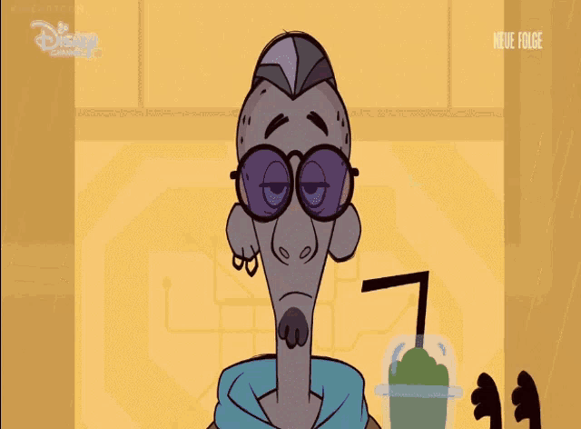 a cartoon of a man wearing glasses and a hoodie with the word disney on the bottom right