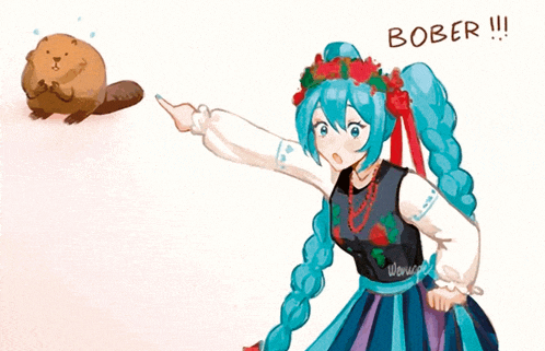 a drawing of a girl pointing at a beaver with the word bober written above her