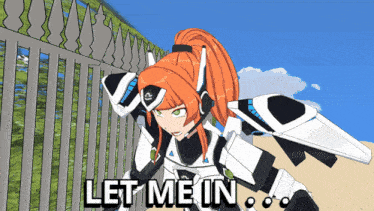 a video game character says let me in while standing next to a metal fence
