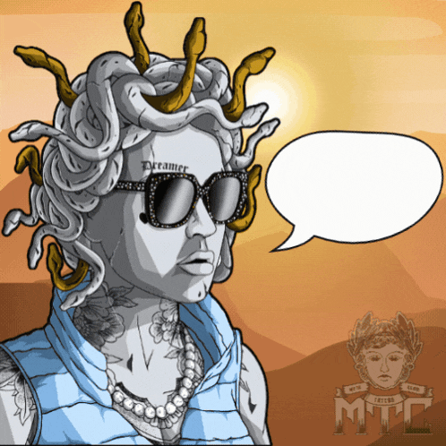 a medusa wearing sunglasses has a tattoo that says dreamer on it
