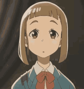 a cartoon girl with short brown hair and a bow tie