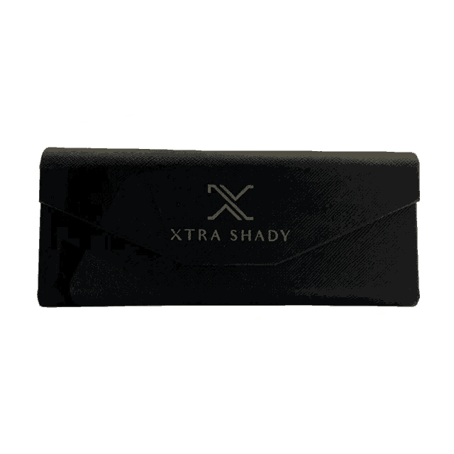 a black xtra shades sunglasses case with a gold x on it