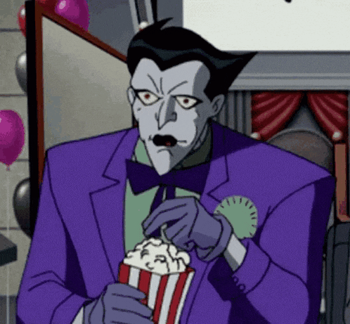 a cartoon of the joker eating popcorn from a popcorn box