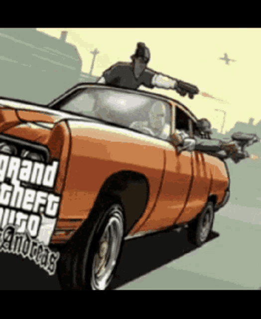 a poster for grand theft auto san andreas shows a car with a man on top of it