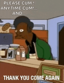 a cartoon of a man standing at a counter asking for cum .