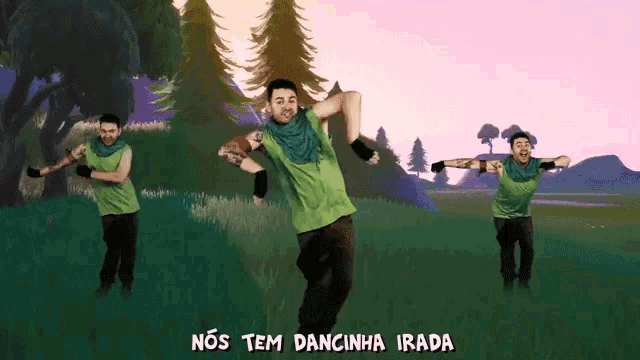 a man in a green shirt is dancing in a field with the words nos tem dancinha irada above him