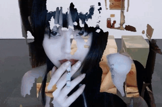 a collage of a woman smoking a cigarette with a few other images