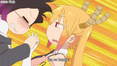 a cartoon character says i 'm so happy and holds another character 's hand