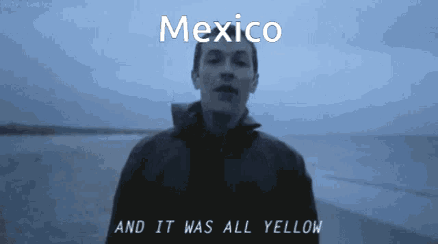 a man is standing on a beach with the words mexico and it was all yellow