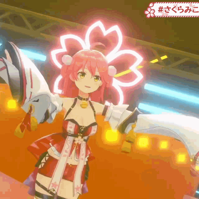 a girl with pink hair is standing in front of a sign that says # さくらみこ
