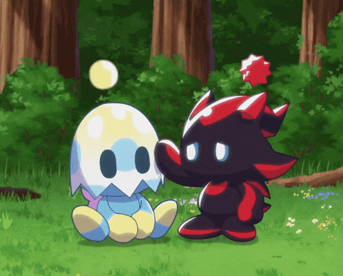 a cartoon drawing of a shadow and a chao sitting in the grass