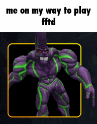 a picture of a purple monster with green muscles and a caption that says " me on my way to play fftd "