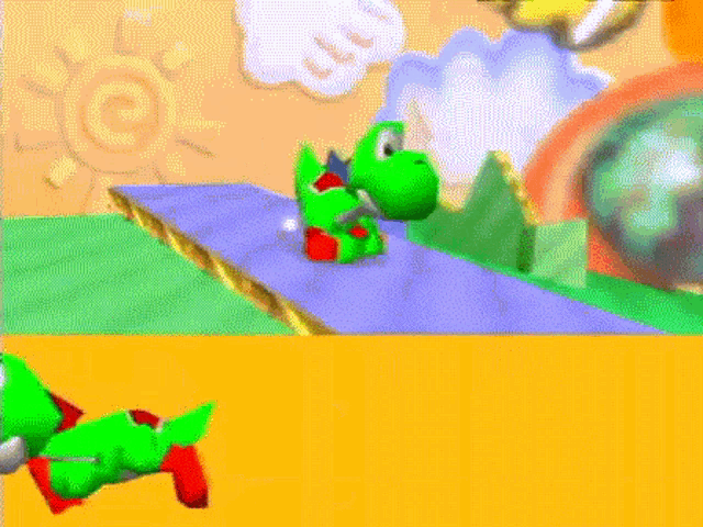 a video game character named yoshi is walking down a road