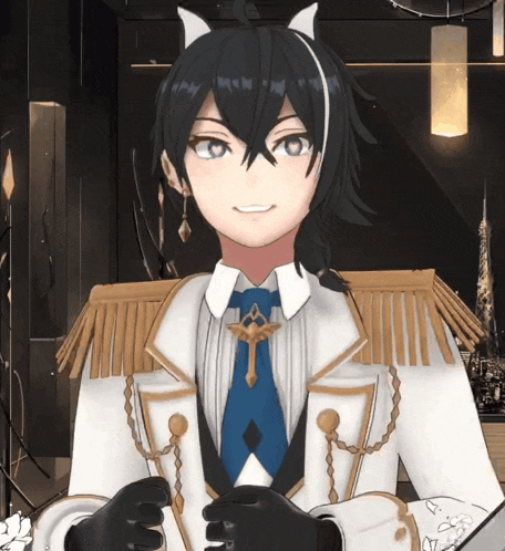a cartoon character wearing a white and gold outfit with a blue tie