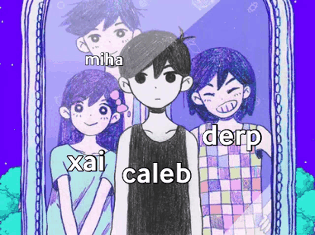 a group of anime characters including miha caleb and derp are standing next to each other in a picture frame