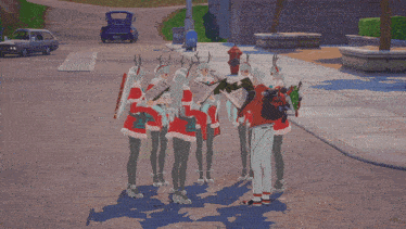 a group of people dressed in santa outfits are singing christmas carols