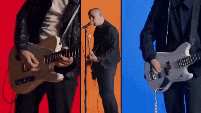 three men are playing guitars and singing into microphones .