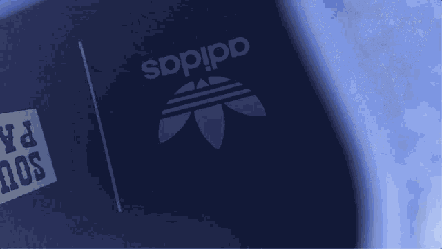 a blue adidas logo is displayed on a blue surface