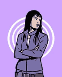 a woman in a purple jacket with her arms crossed
