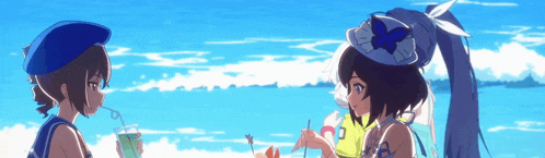two anime girls are standing on a beach drinking from a straw