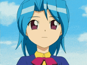 a girl with blue hair is wearing a blue shirt and a pink bow tie