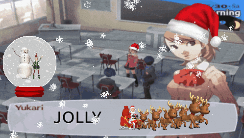 a girl in a santa hat is standing in front of a snow globe that says yukari jolly on it