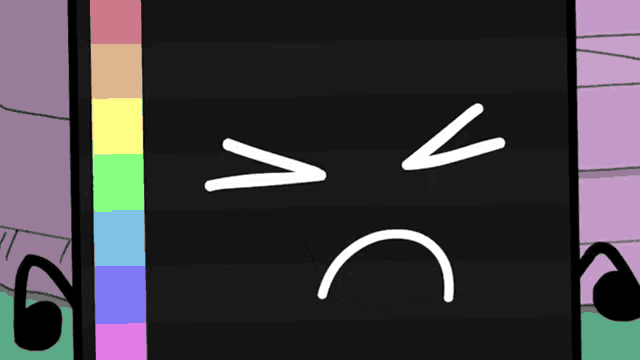 a cartoon character with a rainbow colored stripe on it 's face .