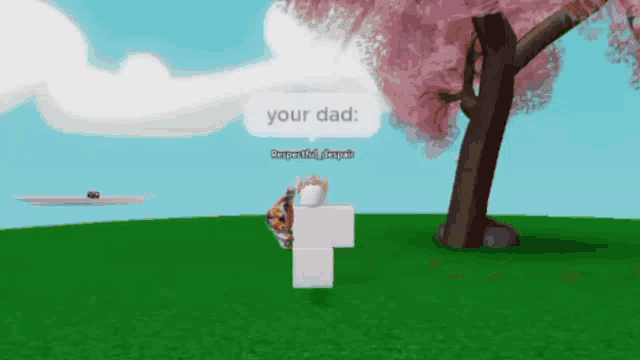 a cartoon character is standing in front of a cherry blossom tree and says " your dad "